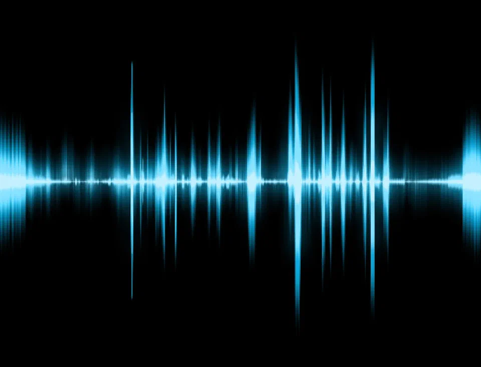 A sound wave, ice blue on black